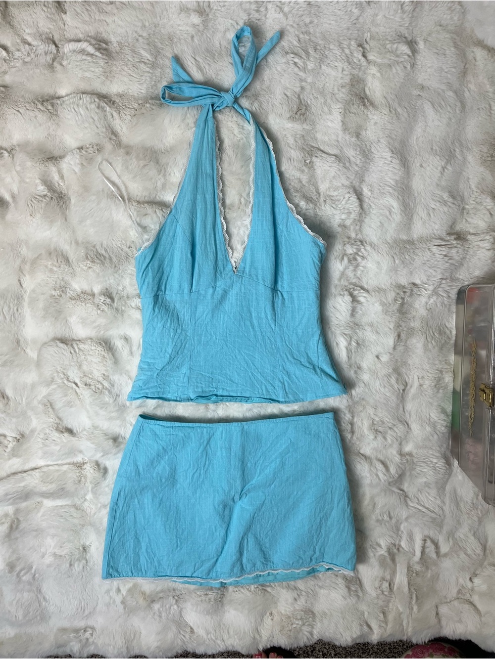 Princess Polly Light Blue Lace Trim Halter Top Mini Skirt Matching Co-ord Set 4 - Picture 11 of 11